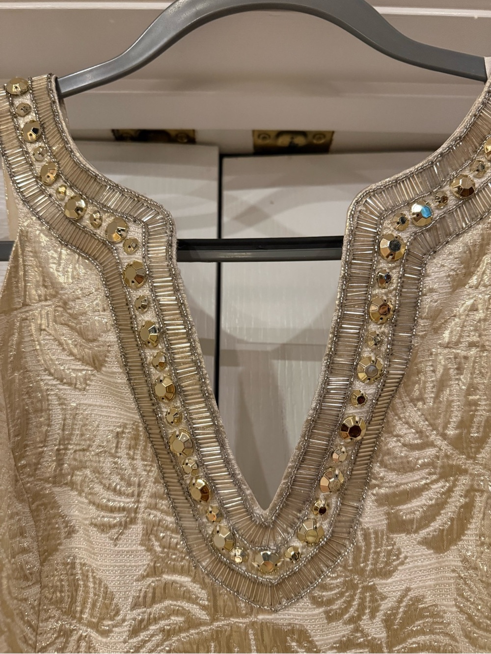 Lilly Pulitzer Ivory and Gold Leaf Embellished Mini Dress. - Picture 6 of 11